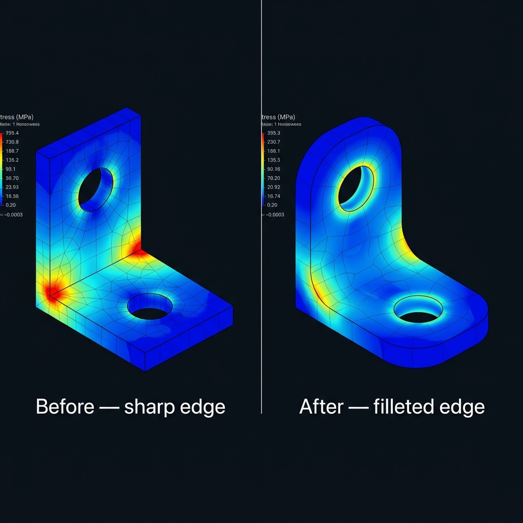 Comparison of stress concentration on a sharp edge vs a filleted edge