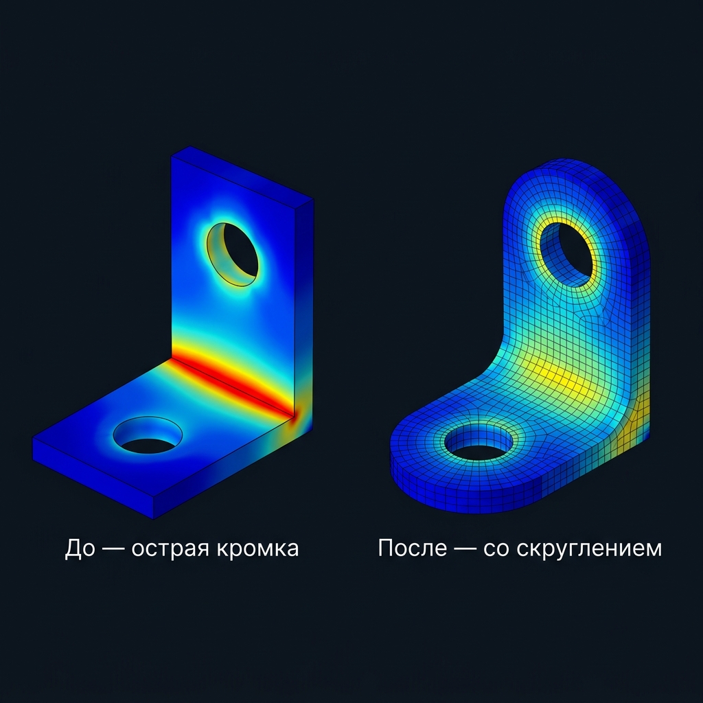 Сравнение концентрации напряжений на острой кромке и со скруглением