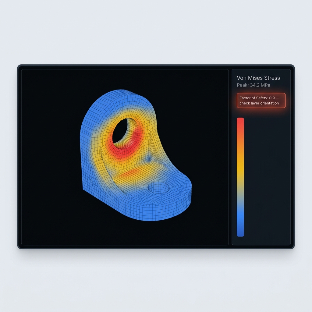 Web app showing a stress heatmap and factor of safety on a 3D printed part